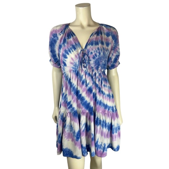 NEW Amanda Bond Silk Tie Dye Dress Size XS Lace Up Ruffle Boho Short Sleeve - Picture 1 of 13